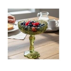 Vintage Fenton Olive Green Glass‎ Pedestal Bowl Cabbage Rose Compote Candy Dish
